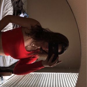 red, off the shoulder crop top